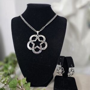 Silver Horseshoe Medallion Pendant Necklace and Earrings Set